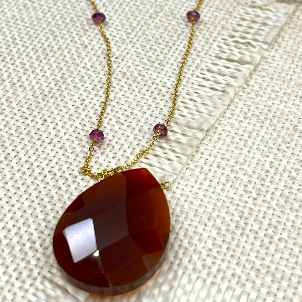 Vintage 14k Gold Carnelian Amethyst Necklace Rare Find 404$